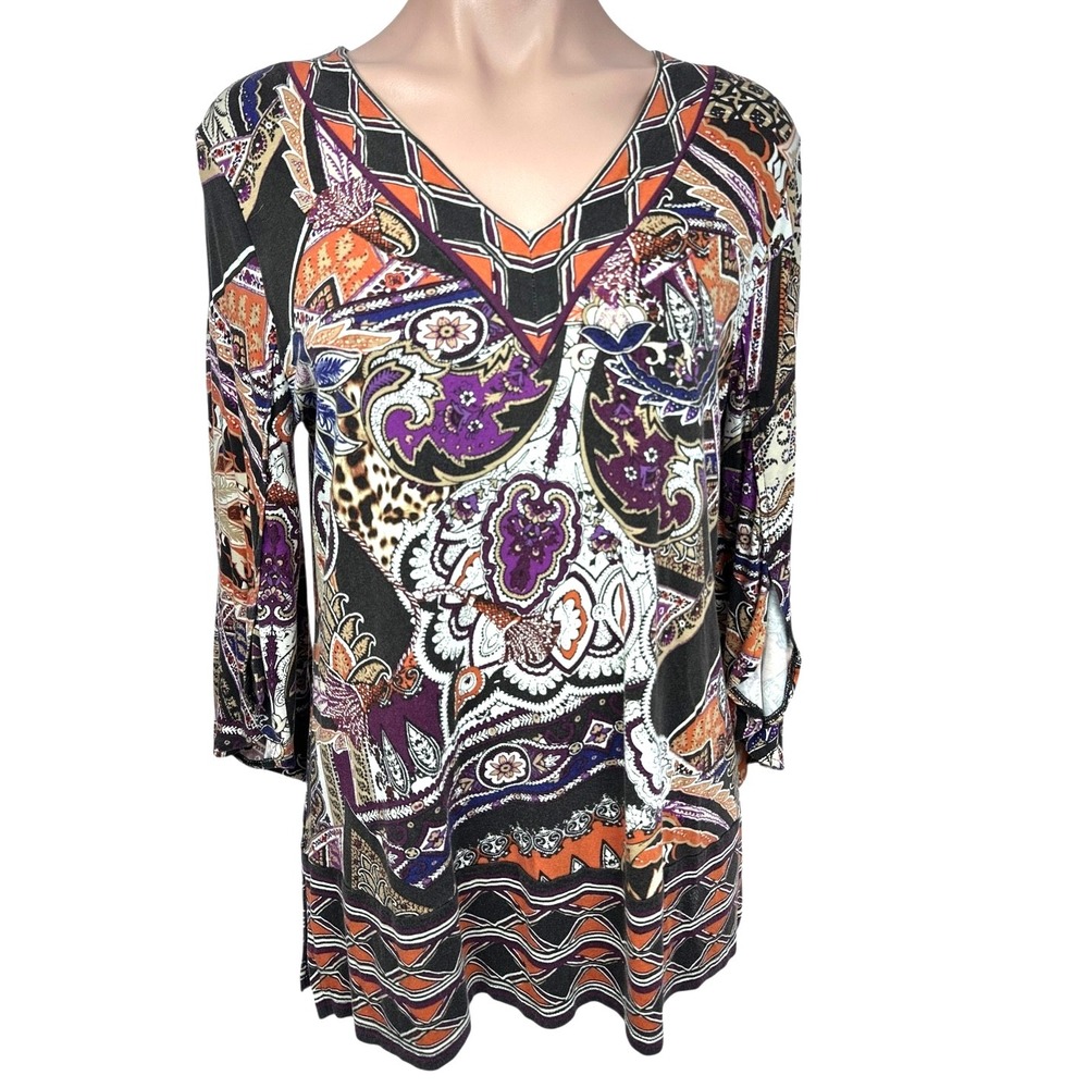 Chico's Sz 1/M Pullover Top V-Neck 3/4 Sleeve Multi-Color Brown/Purple/Orange